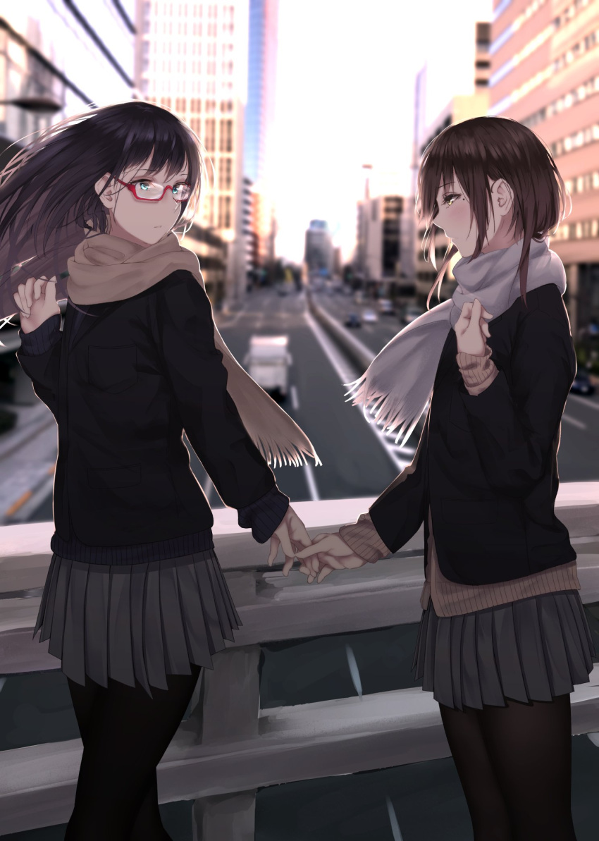 2girls black_hair blue_eyes blush breasts brown_eyes brown_hair character_request commentary_request glasses hand_holding highres jacket medium_breasts mole mole_under_eye multiple_girls original pantyhose photo_background pleated_skirt red-framed_eyewear ribbed_sweater saitou_(lynx-shrike) scarf skirt sweater under-rim_eyewear yuri
