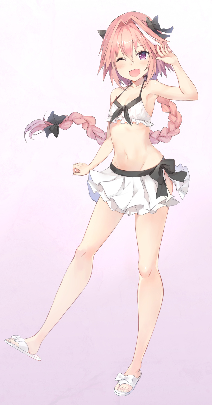 1boy ;d absurdres arm_up armpits astolfo_(fate) bangs bare_arms bare_legs bare_shoulders bikini_skirt black_ribbon blush braid collarbone commentary eyebrows_visible_through_hair fang fate/apocrypha fate_(series) floating_hair full_body gradient gradient_background groin hair_between_eyes hair_intakes hair_ribbon halter_top halterneck highres kusumoto_touka legs_apart long_hair looking_at_viewer male_focus miniskirt multicolored_hair navel one_eye_closed open_mouth pink_background pink_hair pleated_skirt ribbon shiny shiny_hair side_slit single_braid skirt slippers smile solo standing stomach streaked_hair trap very_long_hair violet_eyes white_background white_bikini_top white_footwear white_skirt