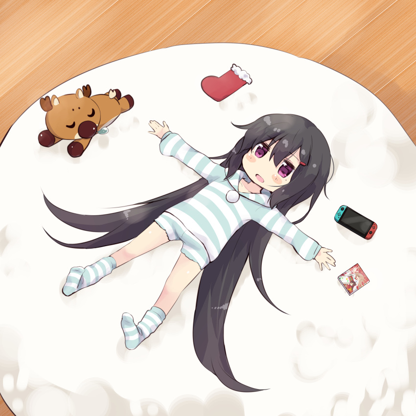 1girl :d absurdly_long_hair absurdres amano_kouki animal bangs black_hair blush_stickers christmas_stocking closed_eyes eyebrows_visible_through_hair hair_between_eyes hair_ornament hairclip handheld_game_console highres long_hair long_sleeves looking_at_viewer loungewear lying no_shoes nose_bubble note-chan on_back open_mouth original outstretched_arms reindeer shirt short_shorts shorts sidelocks sleeping smile socks solo spread_arms striped striped_legwear striped_shirt striped_shorts very_long_hair violet_eyes wooden_floor
