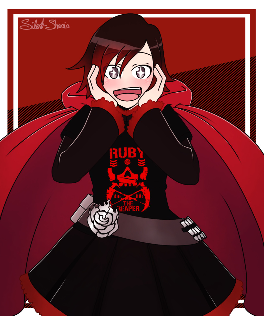 ammunition_belt belt black_dress blush brown_hair bullet bullet_club cape crossover dress emblem flower hands_on_own_face happy highlights highres logo multicolored_hair new_japan_pro_wrestling open_mouth red_cape red_frills rose ruby_rose rwby scythe shirt silent-shanin skull smile star star-shaped_pupils symbol-shaped_pupils t-shirt