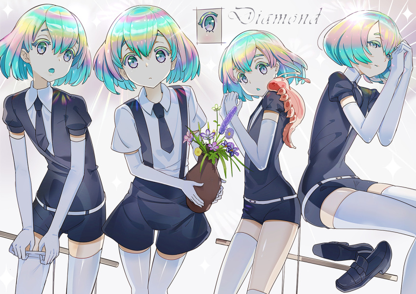 :o androgynous black_footwear black_neckwear black_shirt black_shorts blue_hair character_name closed_mouth collared_shirt diamond_(houseki_no_kuni) dressing el-zheng elbow_gloves flower glint gloves grey_background half-closed_eyes hands_clasped houseki_no_kuni interlocked_fingers invisible_chair leaning_forward multicolored multicolored_eyes multicolored_hair multiple_views necktie open_mouth own_hands_together parted_lips plant potted_plant puffy_short_sleeves puffy_sleeves shirt shoes shoes_removed short_hair short_sleeves shorts single_thighhigh sitting standing suspender_shorts suspenders thigh-highs ventricosus white_gloves white_legwear white_shirt wing_collar