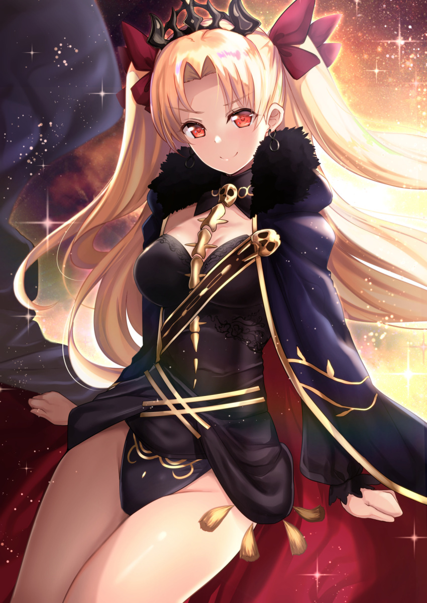 1girl bangs between_breasts black_cloak black_dress black_leotard blonde_hair breasts cloak closed_mouth commentary_request dress earrings ereshkigal_(fate/grand_order) eyebrows_visible_through_hair fate/grand_order fate_(series) floating_hair fur-trimmed_cloak fur_trim glowing gold_trim groin hair_ribbon highres hoop_earrings jewelry large_breasts legs_together leotard light_particles long_hair looking_at_viewer parted_bangs print_dress print_leotard red_cloak red_eyes red_ribbon ribbon shiny shiny_hair shiny_skin short_dress sitting skull sky smile solo sparkle spine star_(sky) starry_sky tassel thighs tiara tohsaka_rin two_side_up untsue v-shaped_eyebrows very_long_hair weapon