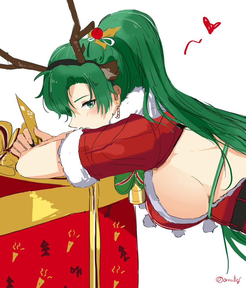 1girl absurdres antlers bangs bell bent_over black_hairband blush box breasts christmas dotentity dress earrings fake_antlers fire_emblem fire_emblem_heroes from_side fur-trimmed_sleeves fur_trim gift gift_box green_eyes green_hair hairband hanging_breasts heart highres holding jewelry large_breasts long_hair looking_at_viewer looking_to_the_side lyndis_(fire_emblem) open-back_dress ponytail profile red_dress reindeer_antlers santa_costume short_sleeves sideboob simple_background sketch solo twitter_username upper_body wings