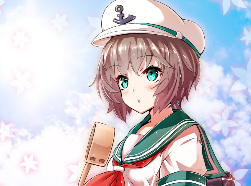 1girl alternate_hair_color anchor_print blue_sky blush brown_hair clouds day death2990 floral_background green_eyes hat ladle looking_afar murasa_minamitsu open_mouth reflective_eyes sailor_collar sailor_hat shiny shiny_clothes shiny_hair shirt short_hair short_sleeves sky solo touhou upper_body white_hat white_shirt