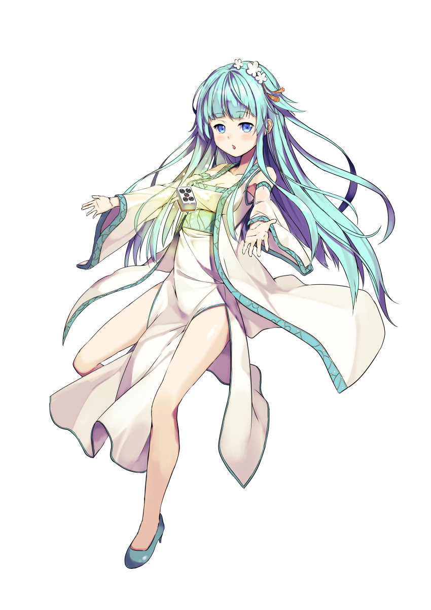 1girl absurdres aqua_hair blue_eyes board_game china_dress chinese_clothes detached_sleeves dress eyebrows_visible_through_hair floating flower full_body green_footwear hair_flower hair_ornament high_heels highres legs long_dress long_hair maechuu mahjong mahjong_tile open_mouth original outstretched_arms parted_lips revision robe shoes side_slit solo telekinesis white_background white_dress wide_sleeves