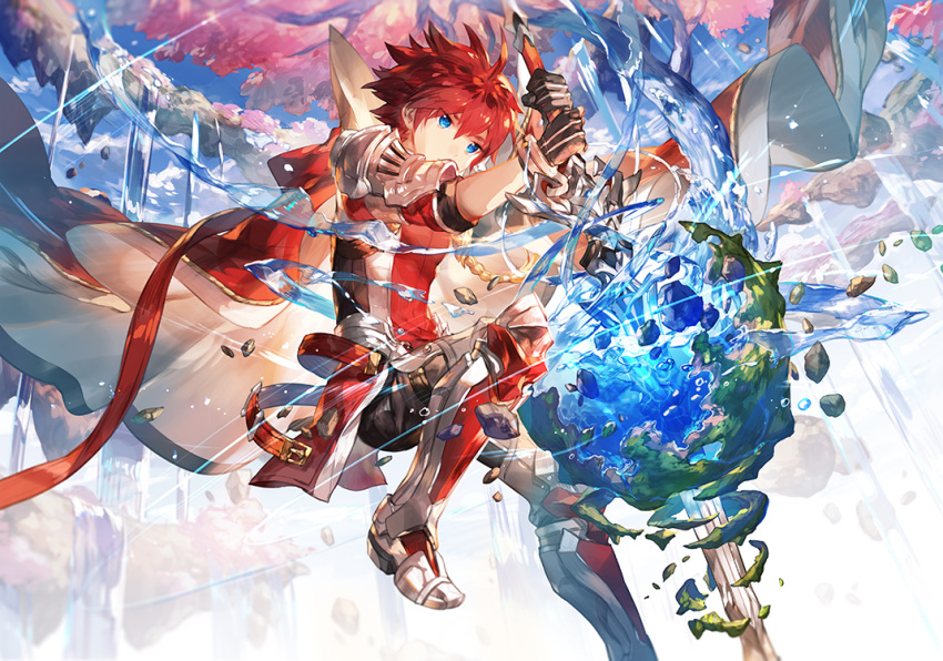 1boy aiguillette belt blue_eyes boots cape elsword elsword_(character) expressionless floating_object floating_rock gloves knight_emperor_(elsword) pauldrons planet redhead scorpion5050 short_hair sword tree water weapon