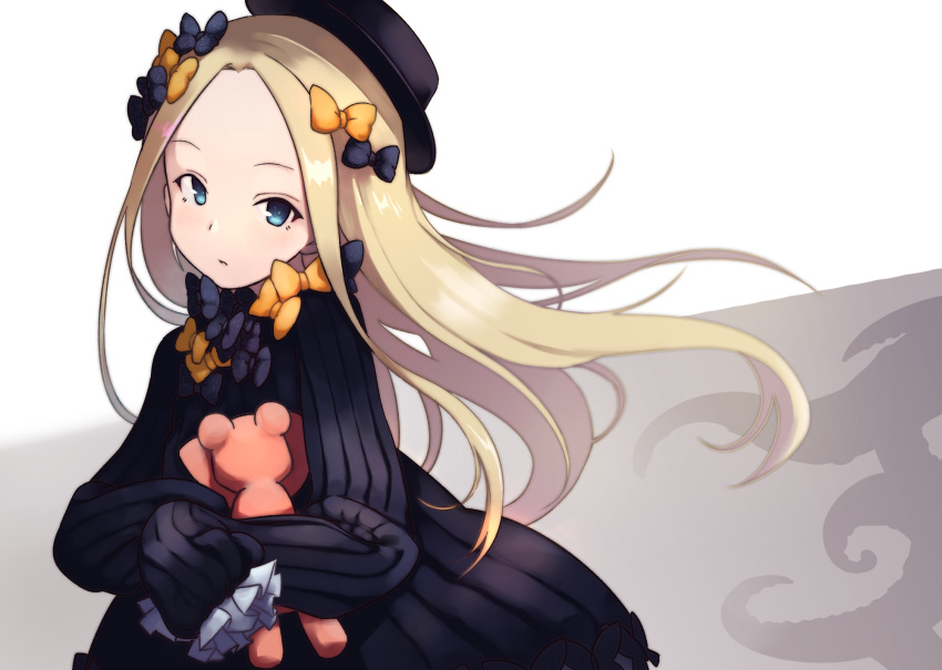 1girl abigail_williams_(fate/grand_order) bangs black_bow black_dress black_hat blonde_hair blue_eyes blush bow butterfly commentary_request dress fate/grand_order fate_(series) forehead grey_background hair_bow hat highres kurehon_shouya long_sleeves looking_at_viewer object_hug orange_bow parted_bangs parted_lips polka_dot polka_dot_bow sleeves_past_wrists solo stuffed_animal stuffed_toy teddy_bear tentacle two-tone_background white_background