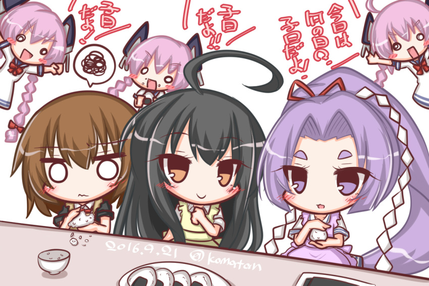 6+girls :d ahoge apron bangs black_hair black_jacket blush blush_stickers bow bowl bowtie braid brown_apron brown_eyes brown_hair closed_mouth collared_shirt dated dress eating eyebrows_visible_through_hair food food_on_face hair_between_eyes hair_ribbon hatsuharu_(kantai_collection) hatsushimo_(kantai_collection) headgear high_ponytail jacket kantai_collection komakoma_(magicaltale) long_hair multiple_girls nenohi_(kantai_collection) o_o onigiri open_mouth parted_bangs parted_lips pink_hair plate ponytail purple_apron purple_hair red_neckwear red_ribbon ribbon rice rice_on_face sailor_dress shide shirt short_eyebrows short_hair short_sleeves smile spoken_squiggle squiggle table translation_request twitter_username very_long_hair violet_eyes wakaba_(kantai_collection) white_background white_dress white_shirt yellow_apron