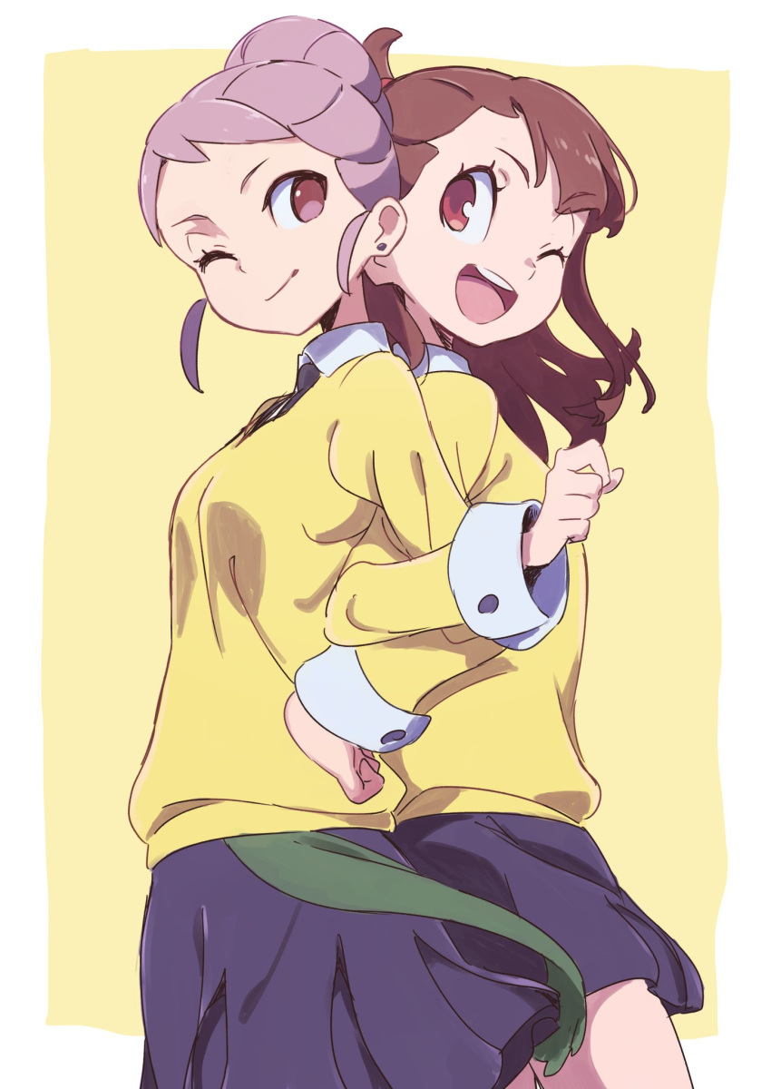 2girls :d back-to-back brown_eyes brown_hair character_request collared_shirt commentary_request earrings eyebrows_visible_through_hair highres jewelry kagari_atsuko little_witch_academia locked_arms long_sleeves multiple_girls necktie one_eye_closed open_mouth pleated_skirt purple_hair purple_skirt shirt simple_background skirt smile standing tama wing_collar yellow_background