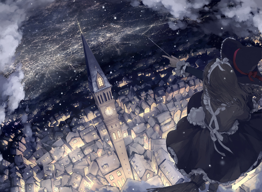 2girls broom broom_riding cityscape clock clock_tower clouds dress frills kakmxxxny06 maid multiple_girls scenery snow snowing tower town wand witch yuri