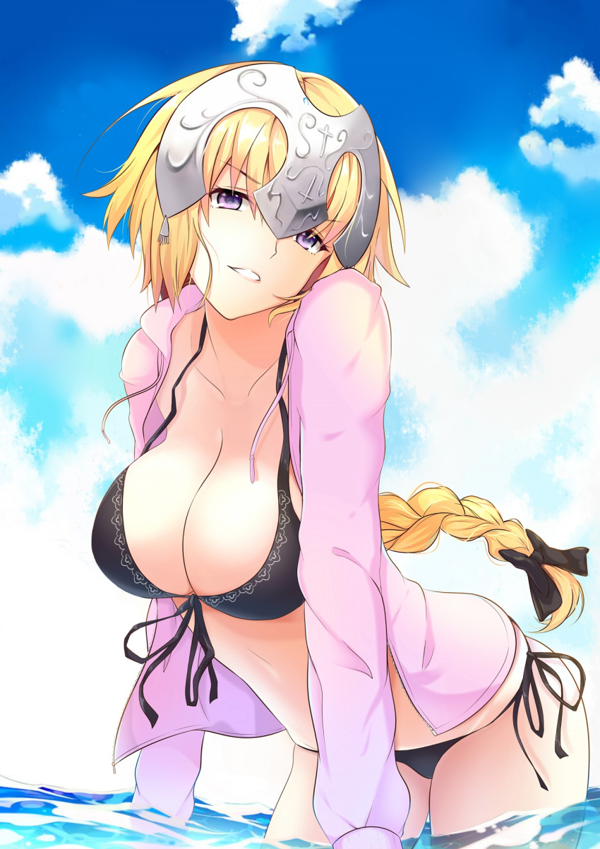 1girl alternate_costume bangs bikini black_bikini black_bow black_ribbon blonde_hair blush bow braid breasts cleavage clouds cloudy_sky collarbone day eyebrows_visible_through_hair fate/apocrypha fate_(series) front-tie_bikini front-tie_top guanghe_zuoyong_de_de_yezi hair_bow head_tilt headpiece highres jacket jeanne_d'arc_(fate) jeanne_d'arc_(fate)_(all) large_breasts leaf long_hair looking_at_viewer open_clothes open_jacket outdoors parted_lips pink_jacket ribbon shiny shiny_hair side-tie_bikini single_braid sky smile solo standing swimsuit very_long_hair violet_eyes