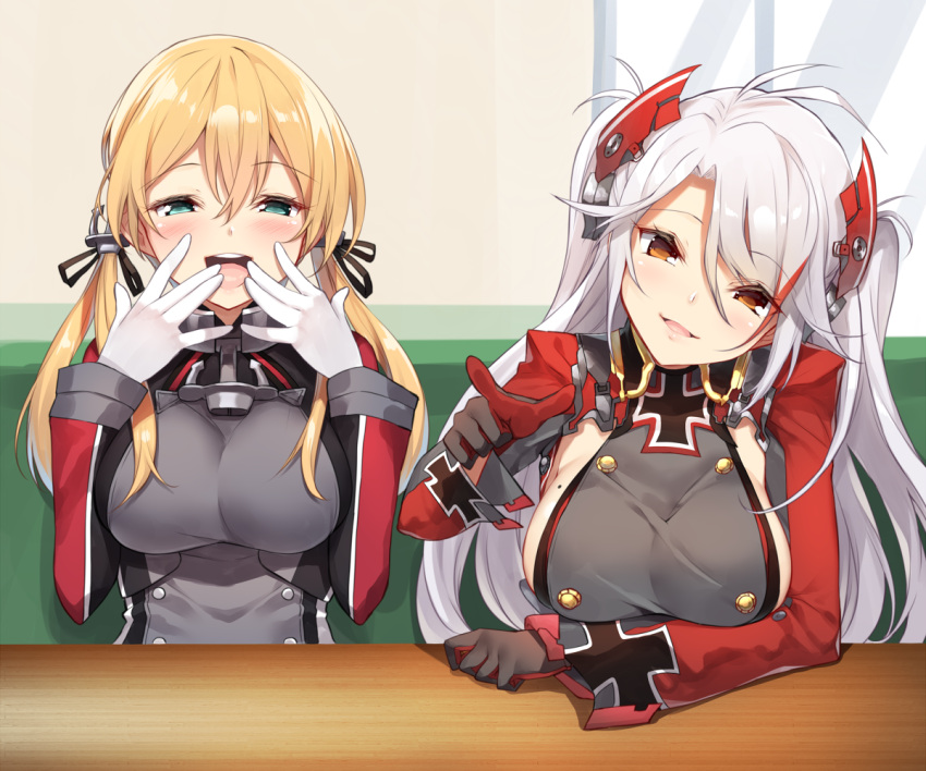 2girls :d anchor_hair_ornament azur_lane bangs black_gloves black_ribbon blonde_hair blue_eyes blush breasts brown_eyes eyebrows_visible_through_hair gloves hair_between_eyes hair_ornament hair_ribbon half-closed_eyes indoors iron_cross kantai_collection large_breasts long_hair long_sleeves looking_at_viewer low_twintails military military_uniform mole mole_on_breast multiple_girls open_mouth parted_lips pointing pointing_at_viewer prinz_eugen_(azur_lane) prinz_eugen_(kantai_collection) ribbon sideboob silver_hair smile swept_bangs teeth twintails two_side_up uniform white_gloves window yappen