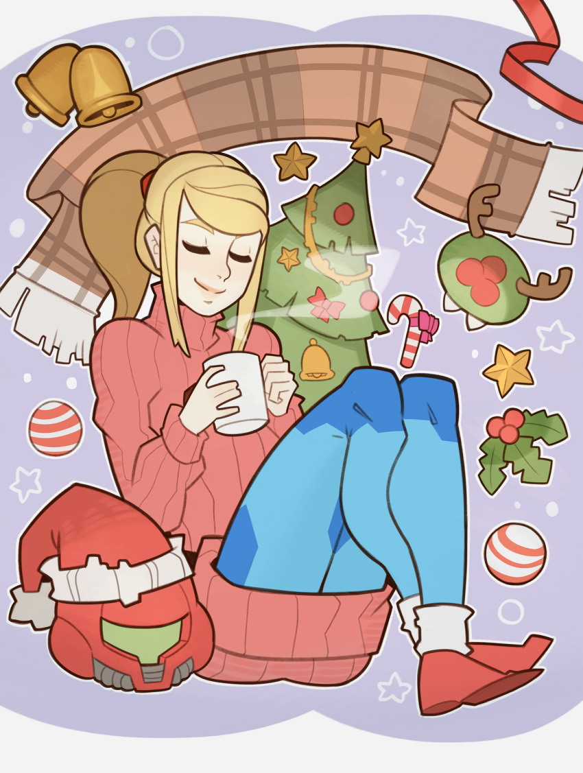 1girl blonde_hair bodysuit christmas christmas_tree closed_eyes helmet high_ponytail highres long_hair metroid mole mole_under_mouth ponytail samus_aran shiny shiny_clothes smole solo splashbrush sweater varia_suit zero_suit