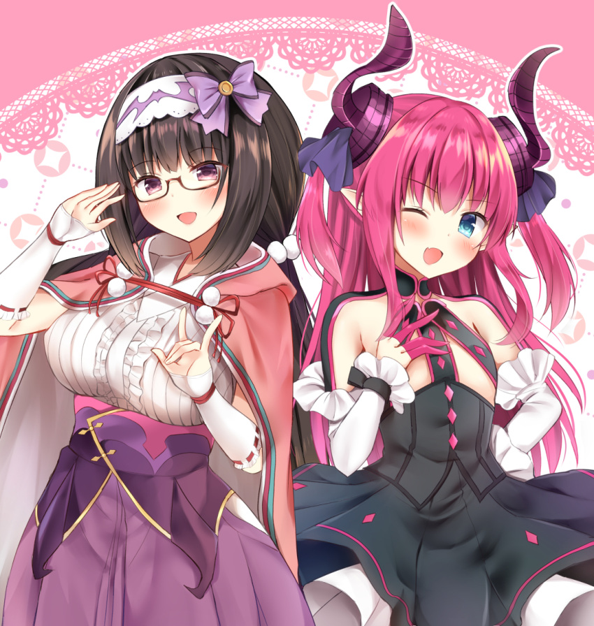 2girls asymmetrical_horns bangs black_hair blue_eyes blush breasts curled_horns elizabeth_bathory_(fate) elizabeth_bathory_(fate)_(all) fate/extra fate/extra_ccc fate_(series) glasses hairband japanese_clothes large_breasts long_hair looking_at_viewer low_twintails masayo_(gin_no_ame) multiple_girls one_eye_closed open_mouth osakabe-hime_(fate/grand_order) pink_hair red-framed_eyewear semi-rimless_eyewear smile twintails very_long_hair violet_eyes