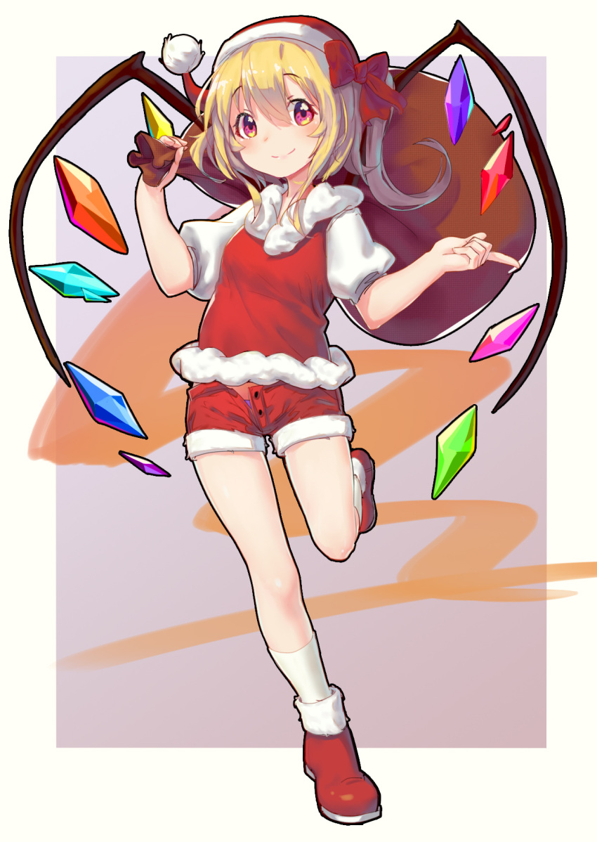 1girl adapted_costume alternate_headwear ankle_boots bangs blonde_hair boots bow carrying closed_mouth crystal eyebrows_visible_through_hair flandre_scarlet full_body fur-trimmed_boots fur_trim hair_between_eyes hair_bow hat highres kneehighs leg_up looking_at_viewer multicolored multicolored_background one_side_up open_fly over_shoulder panties panty_peek pink_eyes puffy_short_sleeves puffy_sleeves purple_panties red_bow red_footwear red_hat red_shorts sack santa_hat shiny shiny_hair short_hair short_shorts short_sleeves shorts smile sndbr solo standing standing_on_one_leg tareme touhou unbuttoned underwear white_legwear wings
