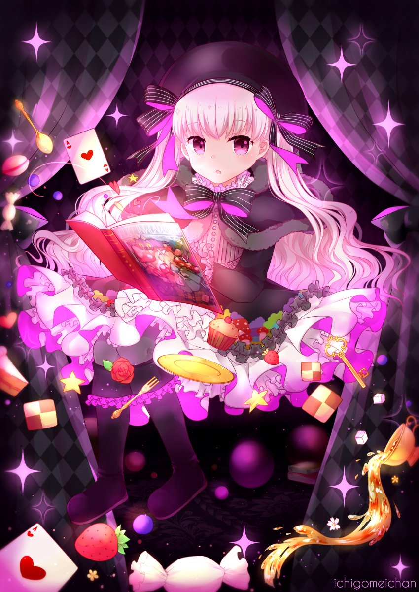 1girl :o absurdres ace_of_hearts alice_(wonderland) alice_in_wonderland argyle artist_name bangs beret black_bow black_capelet black_dress black_footwear black_hat blueberry blush book boots bow candy_wrapper checkerboard_cookie cheshire_cat collar commentary cookie cup curtains dress eyebrows_visible_through_hair fate/extra fate_(series) flower food food_print fork frilled_boots frilled_collar frilled_dress frills fruit full_body fur-trimmed_capelet gothic_lolita grey_legwear hair_between_eyes hair_bow hat heart highres ichigomeichan key knee_boots lolita_fashion long_hair long_sleeves looking_at_viewer macaron muffin mushroom_print nursery_rhyme_(fate/extra) open_book pantyhose parted_lips print_dress red_rose rose saucer solo sparkle spoon star strawberry striped striped_bow tea teacup very_long_hair violet_eyes white_hair white_rabbit