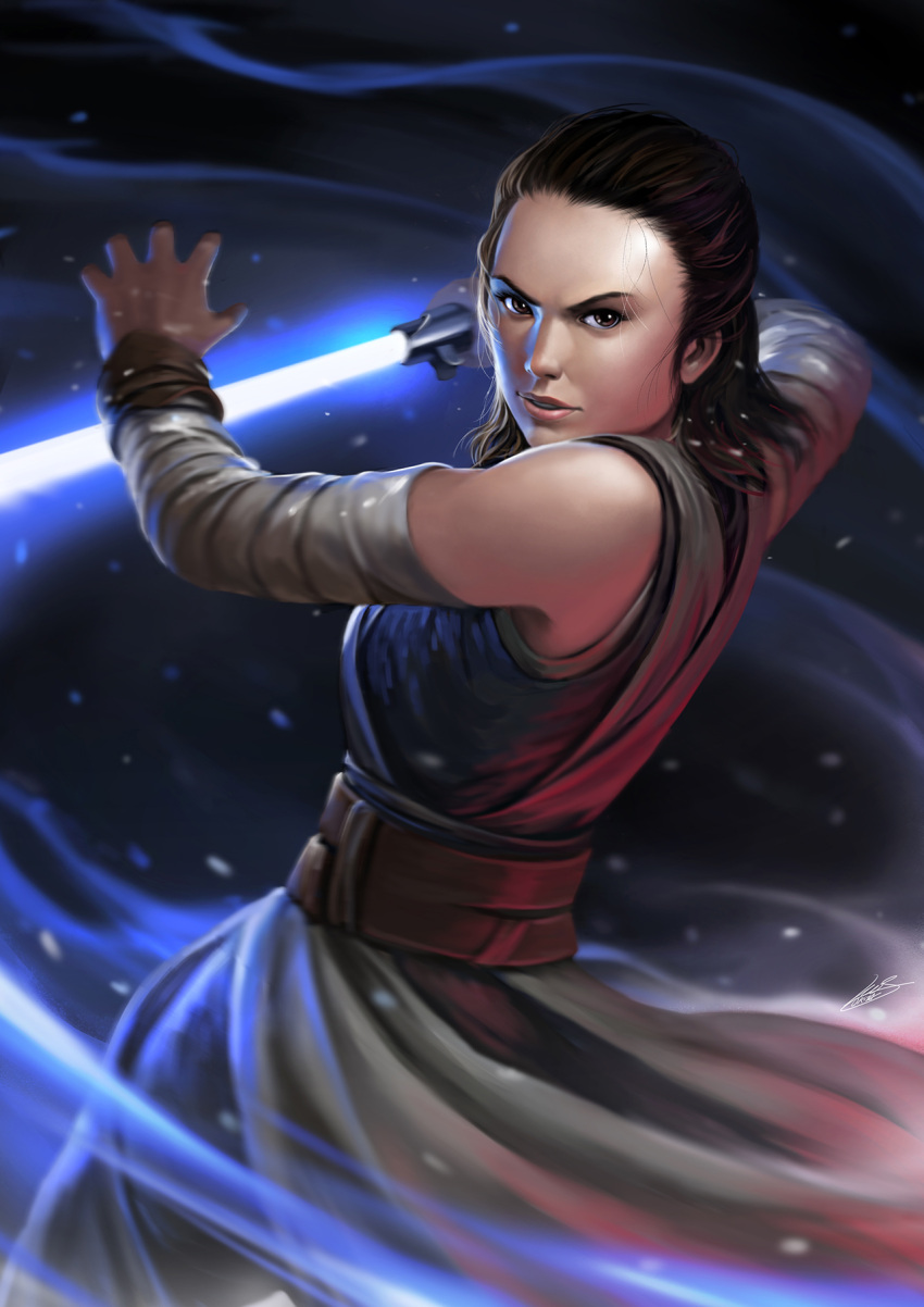 1girl brown_eyes brown_hair detached_sleeves energy_sword fighting_stance highres holding holding_weapon lightsaber lips nose okita realistic rey_(star_wars) sash serious solo star_wars star_wars:_the_force_awakens sword weapon
