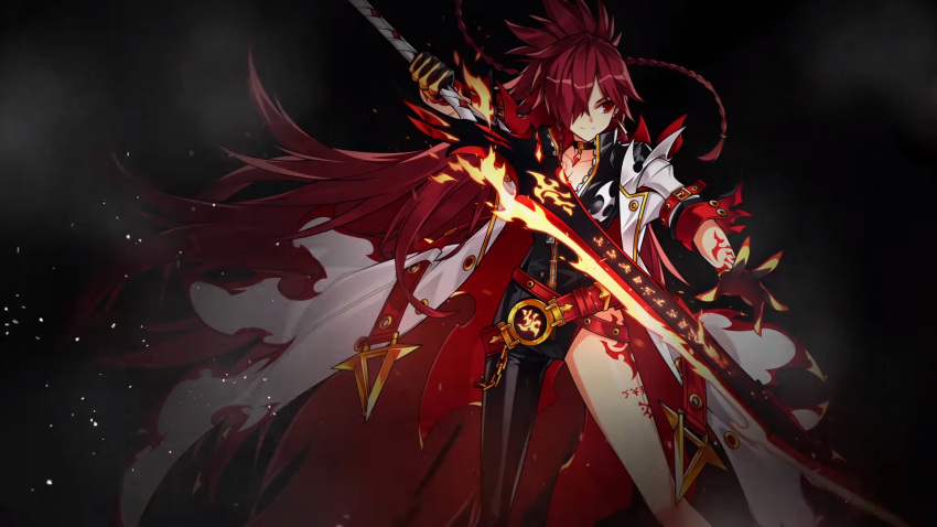 1girl artist_request asymmetrical_clothes belt black_background black_neckwear braid choker closed_mouth cropped_legs elesis_(elsword) elsword gloves hair_over_one_eye highres holding holding_sword holding_weapon long_hair looking_to_the_side official_art red_eyes redhead single_pantsleg skin_tight smile solo sword tattoo weapon white_coat