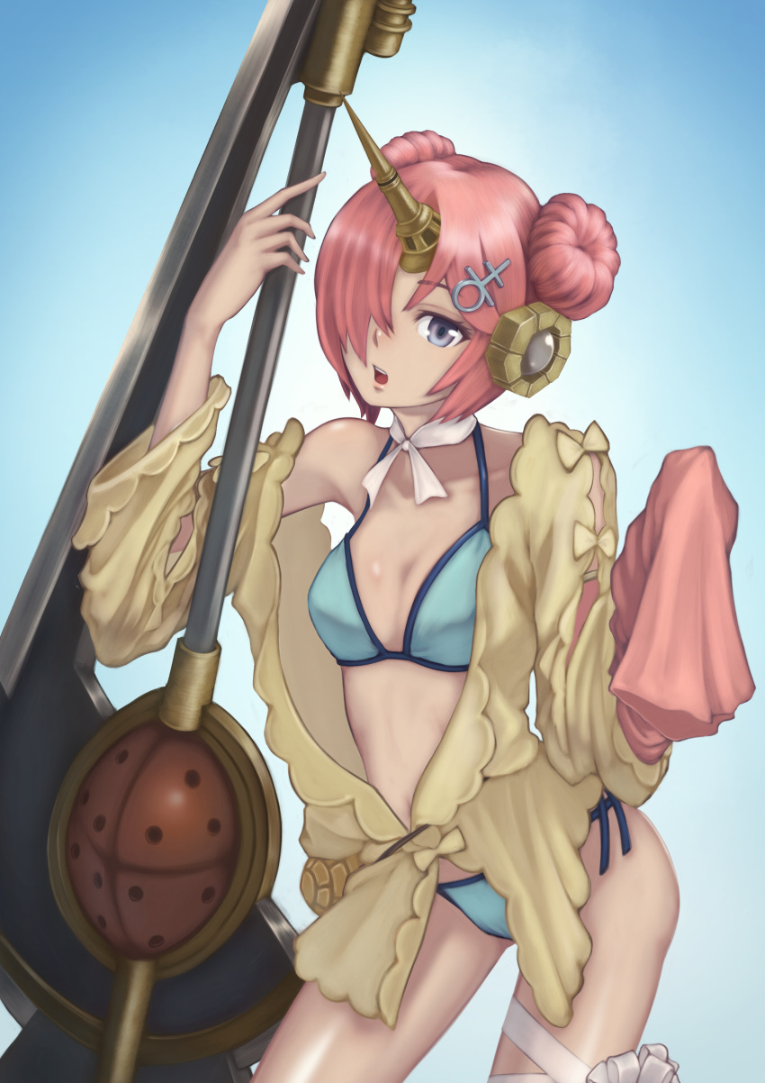 1girl absurdres berserker_of_black bikini blue_eyes breasts cleavage contrapposto double_bun fate/grand_order fate_(series) frankenstein's_monster_(swimsuit_saber)_(fate) gluteal_fold hair_over_one_eye highres horn medium_breasts navel neck_ribbon pink_hair ribbon side-tie_bikini sleeves_past_wrists solo swimsuit swimsuit_under_clothes thighs yasu_(segawahiroyasu)
