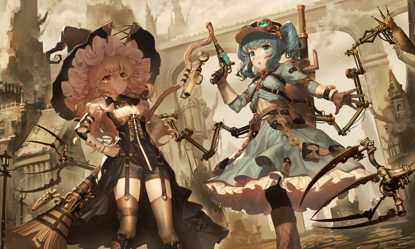 2girls :o bangs belt black_hat blonde_hair blue_eyes blue_hair blue_skirt boots broom brown_footwear brown_gloves corset gloves goggles goggles_on_head gun hair_bobbles hair_ornament hands_on_hips hat holding holding_gun holding_weapon kawashiro_nitori kikugetsu kirisame_marisa long_hair looking_at_viewer mechanical_arm multiple_girls outdoors pouch skirt smile steam steampunk thigh-highs touhou twitter_username two_side_up weapon white_gloves witch_hat yellow_eyes