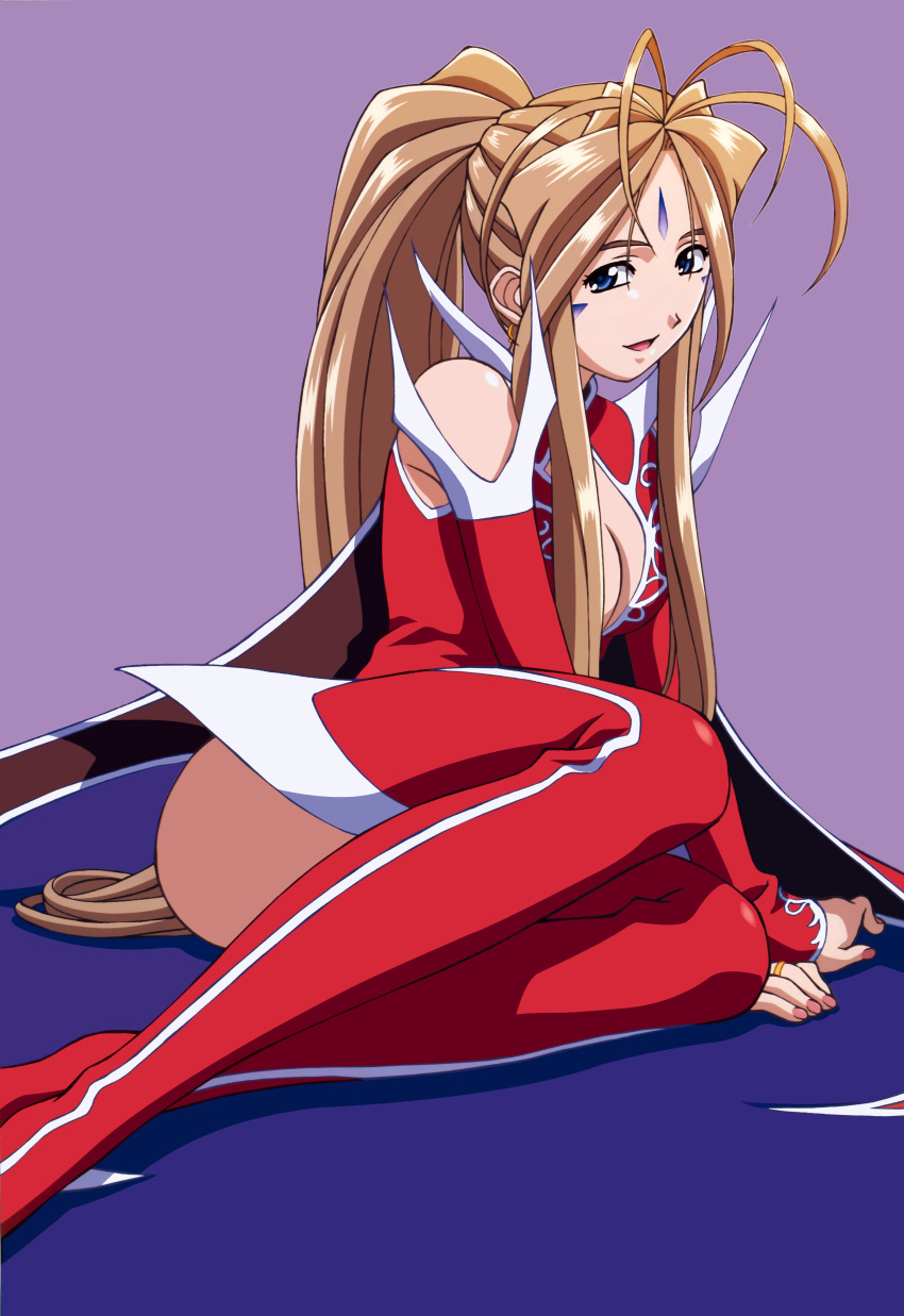 aa_megami-sama absurdres antenna_hair bangs bare_shoulders belldandy blue_eyes boots breasts brown_hair cleavage detached_sleeves earrings facial_mark forehead_mark goddess highres jewelry latex_boots latex_leotard leotard long_hair looking_at_viewer medium_breasts ponytail sitting smile thigh-highs thigh_boots very_long_hair