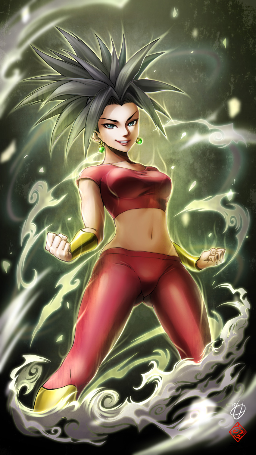 1girl absurdres aura black_hair bracer dark_background dragon_ball dragon_ball_super earrings fusion glowing highres jewelry kefla_(dragon_ball) looking_at_viewer midriff navel potara_earrings smile solo spiky_hair stomach tete_(amakuchichiyoko)