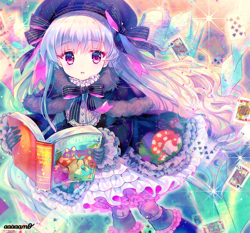 1girl absurdres ace_of_diamonds alice_(wonderland) alice_in_wonderland amo artist_name bangs beret black_bow black_capelet black_dress black_gloves black_hat black_legwear blush book bow cheshire_cat club_(shape) collar commentary_request diamond_(shape) doll_joints dress eyebrows_visible_through_hair fate/extra fate_(series) frilled_collar frilled_dress frilled_legwear frilled_sleeves frills fur-trimmed_capelet gloves hair_between_eyes hair_bow hat heart highres holding holding_book long_hair long_sleeves looking_at_viewer nursery_rhyme_(fate/extra) open_book pantyhose parted_lips silver_hair solo striped striped_bow very_long_hair violet_eyes