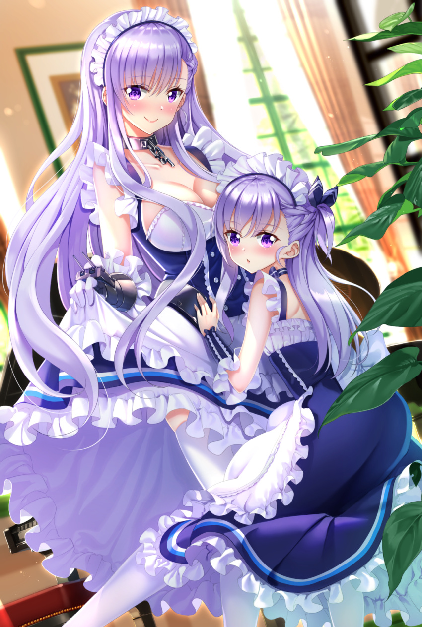 2girls apron azur_lane bangs belchan_(azur_lane) belfast_(azur_lane) blue_eyes blush braid breasts chains choker cleavage closed_mouth collar collarbone commentary_request corset day dress dress_lift dual_persona dust_particles eyebrows_visible_through_hair french_braid frilled_gloves frilled_sleeves frills gauntlets gloves hair_between_eyes highres indoors large_breasts light_particles long_hair looking_at_viewer maid maid_headdress multiple_girls one_side_up open_mouth sidelocks silver_hair smile sunlight swordsouls tied_hair white_gloves window younger