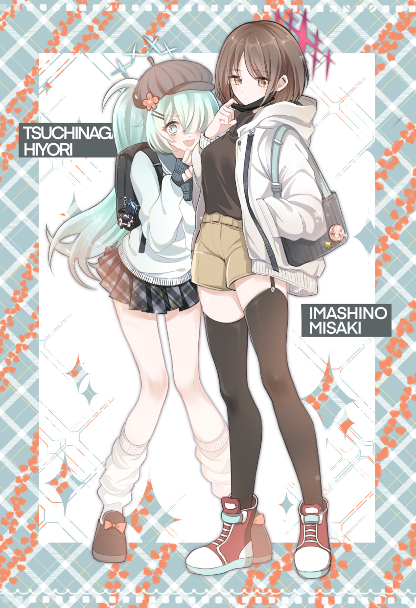 2girls alternate_costume atsuko_(blue_archive) backpack badge bag black_mask blue_archive blue_hair brown_hair button_badge casual character_doll character_name closed_mouth english_text halo handbag hat highres hiyori_(blue_archive) hood hooded_jacket jacket keychain long_hair looking_at_viewer loose_socks mask_pull medium_hair misaki_(blue_archive) multiple_girls pleated_skirt saori_(blue_archive) school_uniform shadow71580825 shoes skirt sneakers socks thigh-highs white_socks