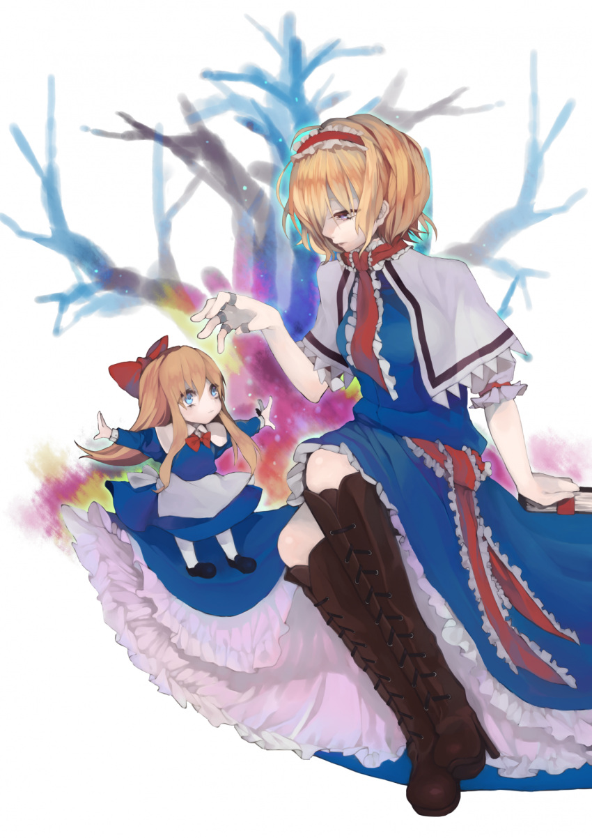 1girl alice_margatroid apron ascot blonde_hair blue_dress blue_eyes boots doll dress floating_object frilled_ascot frilled_sash frills grimoire_of_alice hairband highres knee_boots lolita_hairband long_hair looking_at_another makita_(vector1525) outstretched_arms puffy_short_sleeves puffy_sleeves ribbon-trimmed_dress shanghai_doll short_hair short_sleeves sitting solo touhou white_capelet