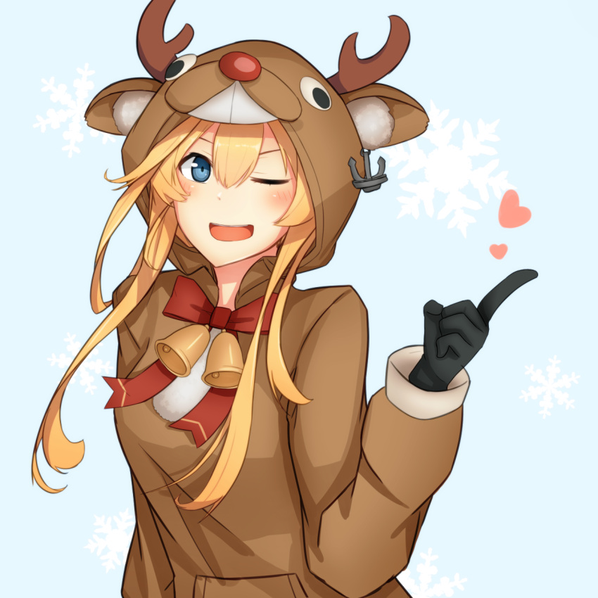 1girl abukuma_(kantai_collection) anchor animal_costume bangs bell black_gloves blonde_hair blue_eyes blush bow bowtie eyebrows_visible_through_hair flying_heart gloves hair_between_eyes heart highres kantai_collection long_hair long_sleeves looking_at_viewer one_eye_closed open_mouth red_bow red_neckwear reindeer_costume simple_background sleeves_past_wrists smile snowflakes solo tareme upper_body yuubokumin