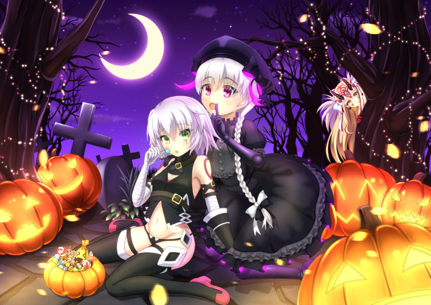 &gt;_&lt; 3girls :o ^_^ arm_belt bandage bandaged_arm bangs bare_shoulders belt_buckle black_belt black_bow black_dress black_gloves black_legwear black_panties black_shirt blonde_hair blush bow braid breasts buckle candy candy_cane checkerboard_cookie closed_eyes clouds commentary_request cookie crescent_moon cross doll_joints dress elbow_gloves eyebrows_visible_through_hair facial_mark fate/apocrypha fate/extra fate/grand_order fate_(series) fingernails food frilled_dress frills gloves glowing gothic_lolita green_eyes groin hair_between_eyes hair_bow halloween halloween_basket hand_on_another's_shoulder highres holding holding_lollipop horns ibaraki_douji_(fate/grand_order) jack-o'-lantern jack_the_ripper_(fate/apocrypha) kneeling lolita_fashion lollipop long_hair looking_at_viewer looking_away low_twintails lowleg lowleg_panties moon multiple_girls navel night night_sky nursery_rhyme_(fate/extra) oni_horns open_mouth outdoors panties pantyhose parted_lips peeking_out puffy_short_sleeves puffy_sleeves sakaki_jin'ya scar scar_across_eye scar_on_cheek sharp_fingernails shirt short_sleeves shoulder_tattoo silver_hair single_glove sitting sky sleeveless sleeveless_shirt small_breasts star_(sky) starry_sky swirl_lollipop tattoo thigh-highs tombstone tree twin_braids twintails underwear very_long_hair wariza white_bow yellow_eyes