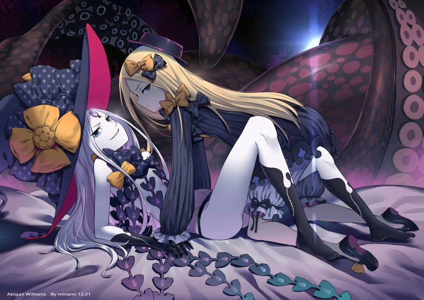 2girls abigail_williams_(fate/grand_order) absurdres all_fours ass blonde_hair blue_eyes bow bowtie dress dual_persona fate/grand_order fate_(series) grin hat highres long_hair lying makise_medaka multiple_girls on_back skirt smile teeth tentacle white_hair white_skirt witch_hat