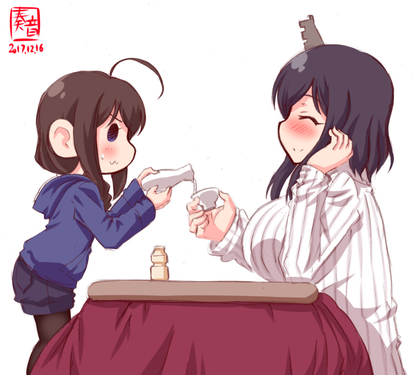 2girls :3 ahoge alcohol black_hair black_legwear blue_sweater bottle choko_(cup) closed_eyes commentary_request cup dated denim denim_shorts drunk hair_over_shoulder highres hood hooded_sweater kanon_(kurogane_knights) kantai_collection kotatsu logo long_hair multiple_girls pantyhose ribbed_sweater sake serving shigure_(kantai_collection) short_hair shorts simple_background sweater table tokkuri white_background white_sweater yakult yamashiro_(kantai_collection) younger