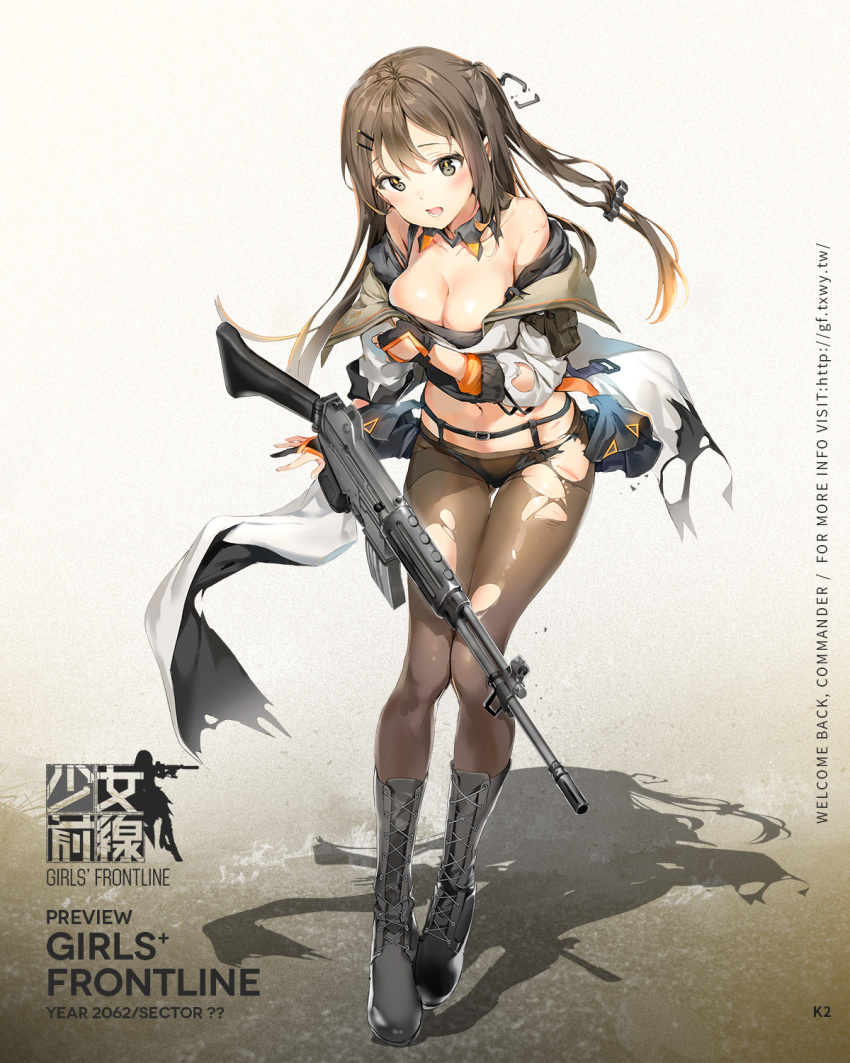 1girl anmi assault_rifle blush boots breasts brown_eyes brown_hair cleavage collarbone cross-laced_footwear fingerless_gloves full_body girls_frontline gloves gun hair_ornament hairclip highres jacket k-2_(girls_frontline) knee_boots lace-up_boots logo long_hair medium_breasts navel off_shoulder official_art open_clothes open_jacket open_mouth panties panties_under_pantyhose pantyhose rifle scar shadow simple_background standing torn_clothes torn_pantyhose underwear weapon