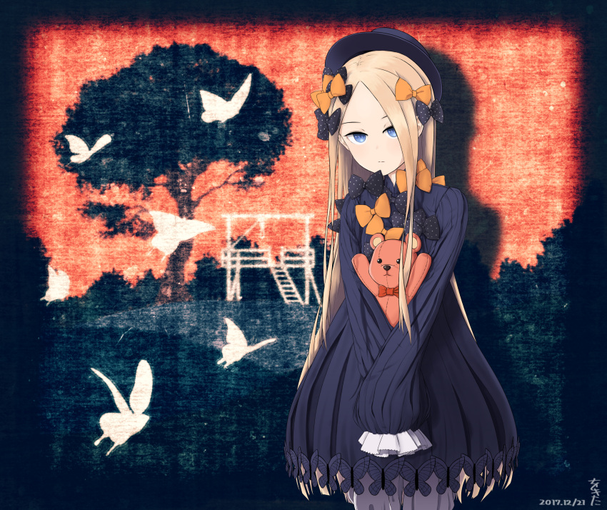 1girl abigail_williams_(fate/grand_order) absurdres bangs black_bow black_dress black_hat blonde_hair bloomers blue_eyes blush bow butterfly closed_mouth commentary_request dated dress fate/grand_order fate_(series) hair_bow hat highres long_hair long_sleeves looking_at_viewer noose object_hug orange_bow parted_bangs polka_dot polka_dot_bow red_sky signature sky sleeves_past_wrists solo stairs stuffed_animal stuffed_toy teddy_bear tree underwear very_long_hair white_bloomers wokitayuu_ichirou
