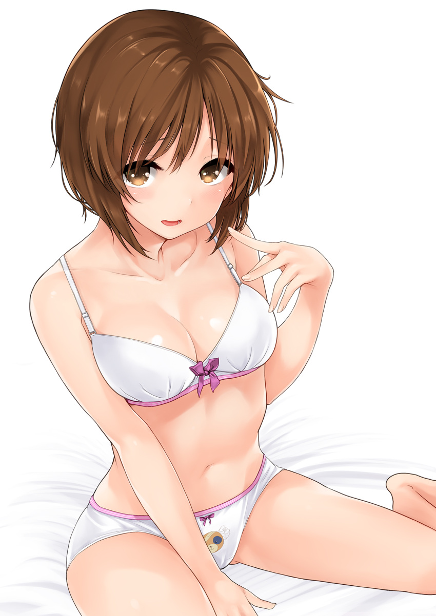 1girl bangs bare_legs bed_sheet boko_(girls_und_panzer) bra breasts brown_eyes brown_hair character_print collarbone eyebrows_visible_through_hair girls_und_panzer harino646 highres looking_at_viewer medium_breasts navel nishizumi_miho open_mouth panties parted_lips short_hair sidelocks simple_background sitting smile solo thighs underwear wariza white_background white_bra white_panties
