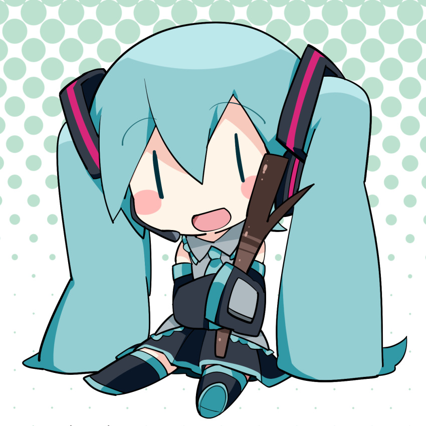 1girl aqua_hair chibi commentary_request detached_sleeves hammer_(sunset_beach) hatsune_miku headphones highres long_hair necktie open_mouth sitting skirt smile solo spring_onion twintails vocaloid |_|