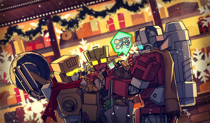 3boys 80s :t afterburner_(transformers) autobot blue_eyes borezet box christmas fur_trim gift glowing glowing_eyes holding merry_christmas multiple_boys no_humans nosecone oldschool open_mouth scattershot smile snowflakes technobots transformers wheel yellow_eyes