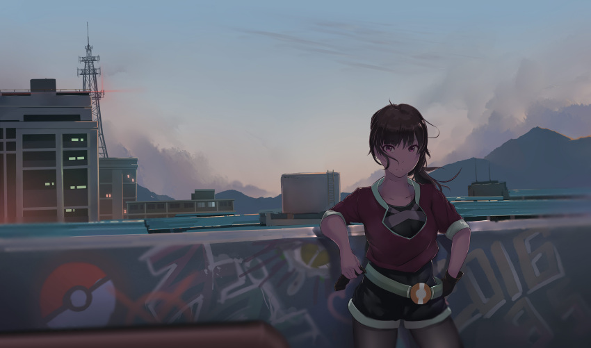 1girl absurdres against_wall belt black_shorts brown_gloves brown_hair building clouds commentary_request cowboy_shot female_protagonist_(pokemon_go) gloves graffiti hat highres jacket long_hair looking_at_viewer mountain outdoors pokemon pokemon_go red_eyes red_jacket red_shirt revision shirt shorts single_glove solo standing zi_zi_(baka_09)
