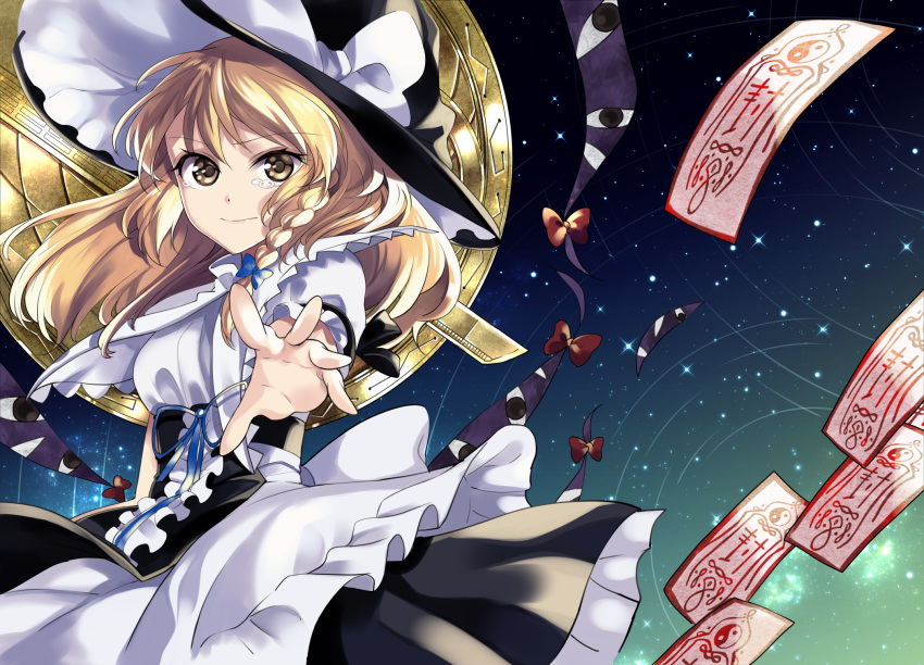 1girl apron blonde_hair blue_ribbon braid dress frilled_dress frills gap hair_ribbon hat hat_ribbon highres katayama_kei kirisame_marisa long_hair looking_at_viewer night night_sky reaching_out ribbon sky smile solo star starry_background talisman tears touhou waist_apron white_apron white_ribbon witch_hat yellow_eyes