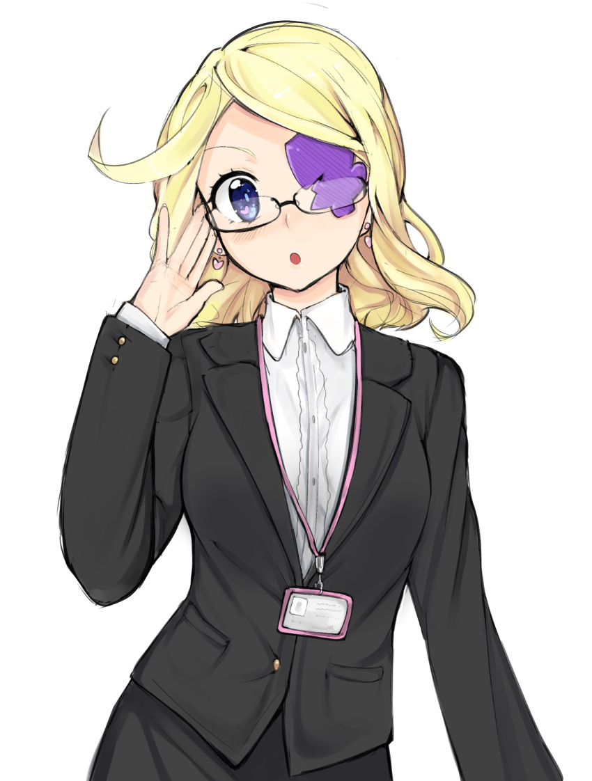 1girl :o black-framed_eyewear black_jacket black_skirt blonde_hair blue_eyes blush collared_shirt contrapposto earrings eyepatch formal glasses hand_up harime_nui heart heart_earrings highres jacket jewelry kill_la_kill long_sleeves looking_at_viewer name_tag otxoa60 parted_lips pencil_skirt shirt simple_background skirt solo suit symbol_in_eye under-rim_eyewear upper_body white_background white_shirt