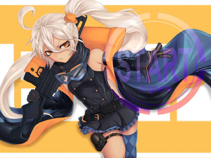 1girl ahoge asymmetrical_legwear bangs bare_shoulders belt black_gloves buckle checkered checkered_legwear closed_mouth coma double-breasted eyebrows_visible_through_hair frilled_skirt frills girls_frontline gloves goggles goggles_around_neck gun gun_over_shoulder hair_between_eyes hair_ornament hair_scrunchie half-closed_eyes highres holding holding_gun holding_weapon jacket knife knife_holster leaning long_hair looking_at_viewer machine_gun miniskirt open_clothes open_jacket outstretched_arm outstretched_hand pkp_(girls_frontline) pkp_pecheneg scrunchie side_ponytail silver_hair single_thighhigh skirt solo thick_eyebrows thigh-highs thigh_pouch thigh_strap thighs tsurime very_long_hair weapon yellow_eyes