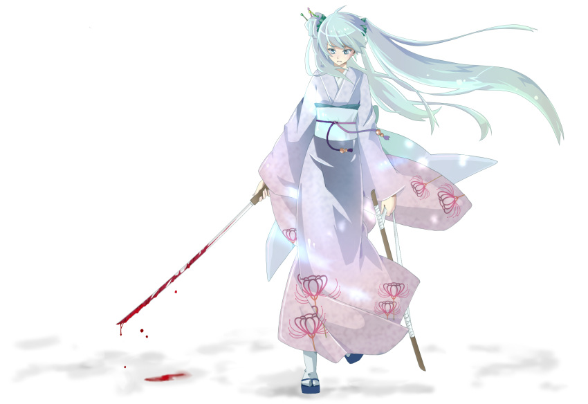 blood blue_eyes clothed green_hair hatsune_miku highres japanese_clothes katana kimono obi oke sheath shirasaya sword twintails vocaloid weapon