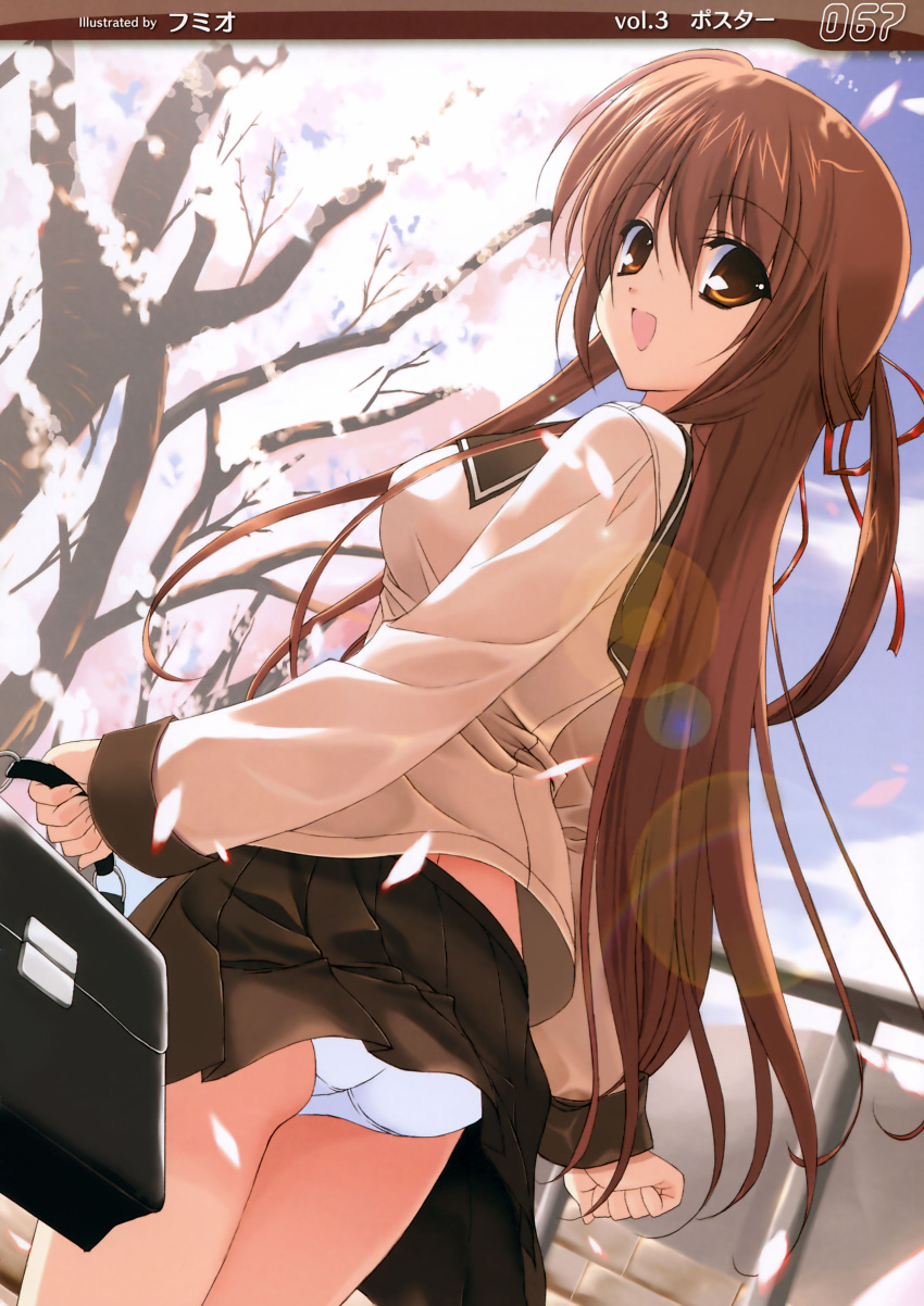 ass briefcase brown_eyes brown_hair cherry_blossoms fumio hair_ribbon highres long_hair panties pantyshot ribbon school_uniform underwear white_panties