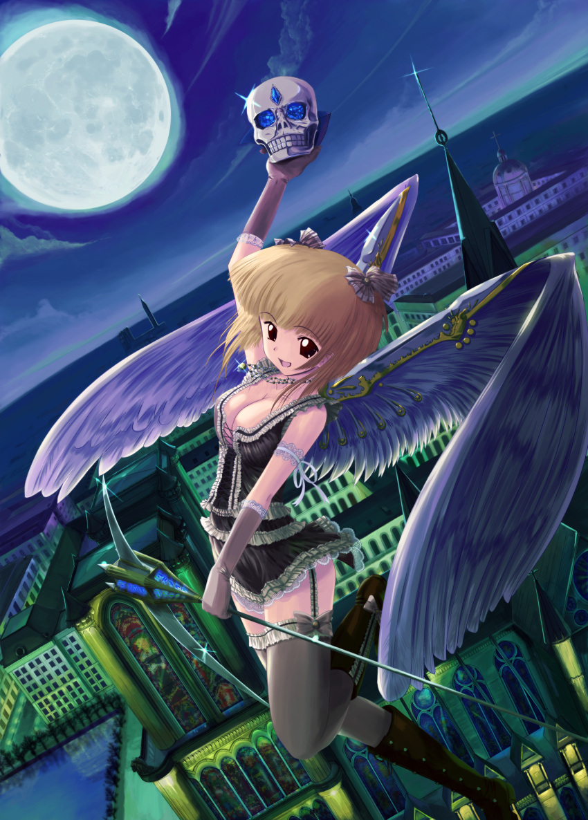 armband bad_id blonde_hair boots bow breasts brown_eyes cityscape cleavage elbow_gloves frills garter_belt garters gloves hair_bow hair_ornament highres jewelry knee_boots large_breasts miniskirt moon necklace night night_sky original red_eyes scythe short_hair skirt skull sky smile souma_nouma staff thigh-highs thighhighs weapon wings zettai_ryouiki