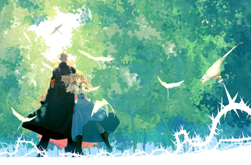 back-to-back back_to_back bird birds blonde_hair book boots couple dress forest nature original silhouette thorns trees vines vofan wallpaper yellow_eyes