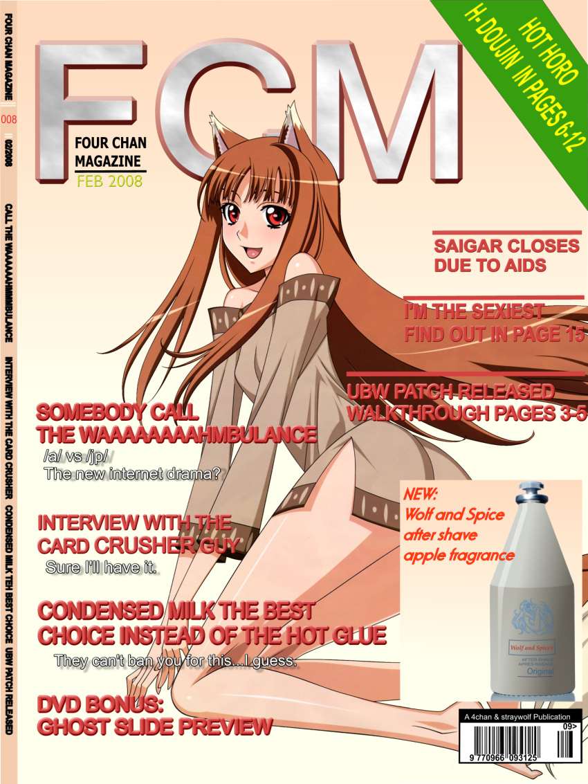 bare_legs cover fcm highres holo imageboard_colors long_hair magazine magazine_cover photoshop red_eyes red_hair redhead spice_and_wolf