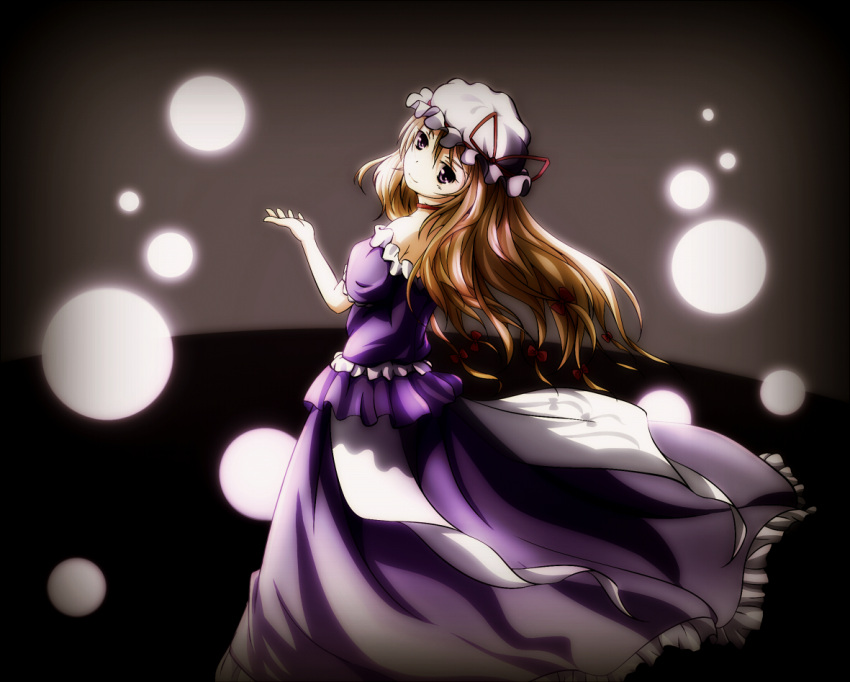 1girl arm_up bare_shoulders blonde_hair blouse bow choker gradient gradient_background hair_bow hat hat_ribbon head_tilt light_particles long_hair looking_at_viewer looking_over_shoulder mob_cap open_hand puffy_short_sleeves puffy_sleeves ribbon short_sleeves skirt smile solo sora_(cmamlr) touhou violet_eyes yakumo_yukari