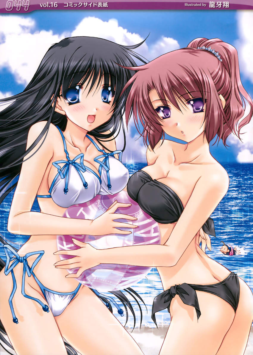 2girls ball bare_shoulders beach beachball bikini black_hair blue_eyes blush breasts butt_crack cleavage highres long_hair lowleg lowleg_bikini purple_eyes ryuuga_shou side-tie_bikini string_bikini swimsuit tsurugi_no_mai! violet_eyes water